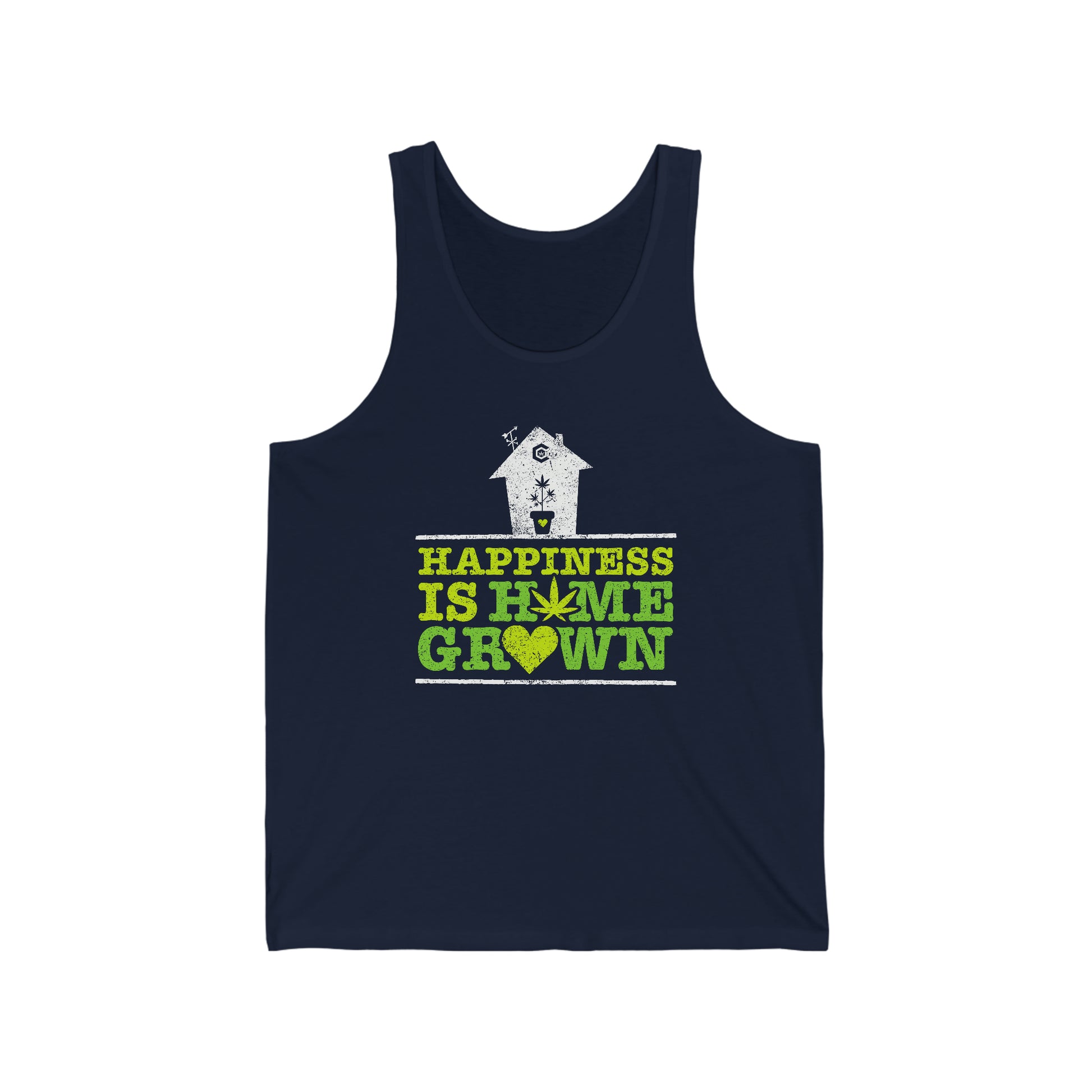 a navy blue, happiness is homegrown jersey weed tank