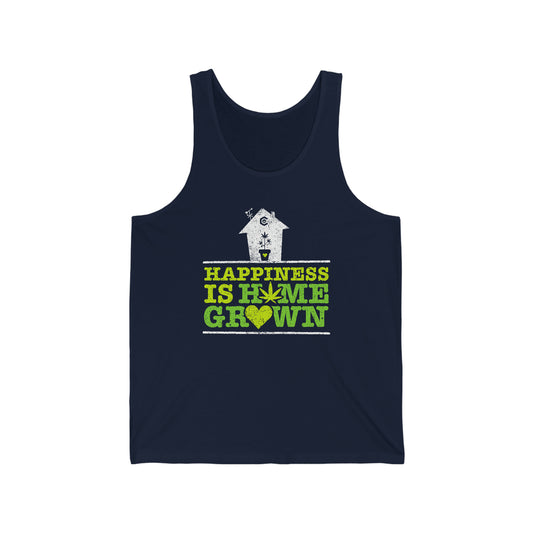 a navy blue, happiness is homegrown jersey weed tank