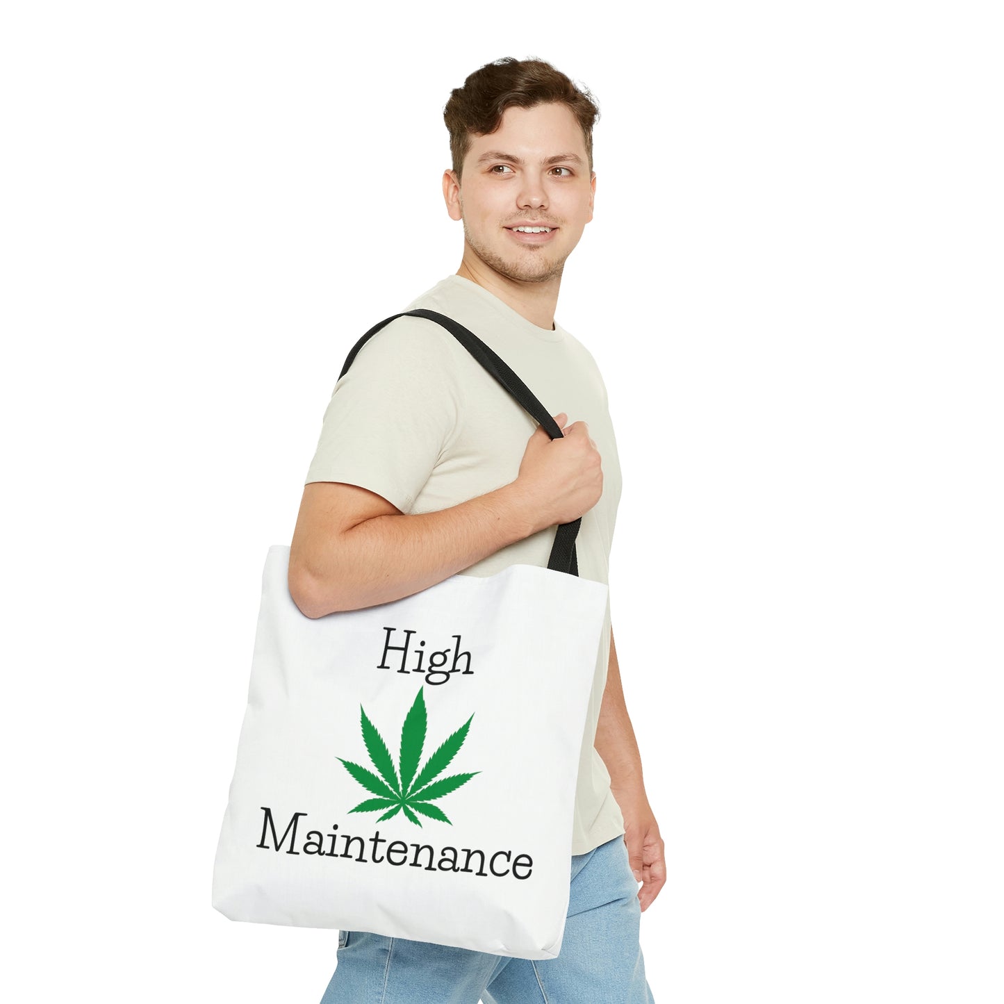A man is looking side eyed while he is wearing High Maintenance Marijuana Tote Bag