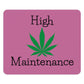 A brilliant pink squared design of the High Maintenance Mouse Pad with cannabis leaf.