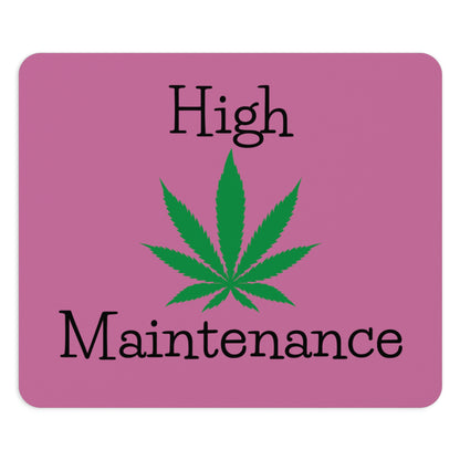 A brilliant pink squared design of the High Maintenance Mouse Pad with cannabis leaf.