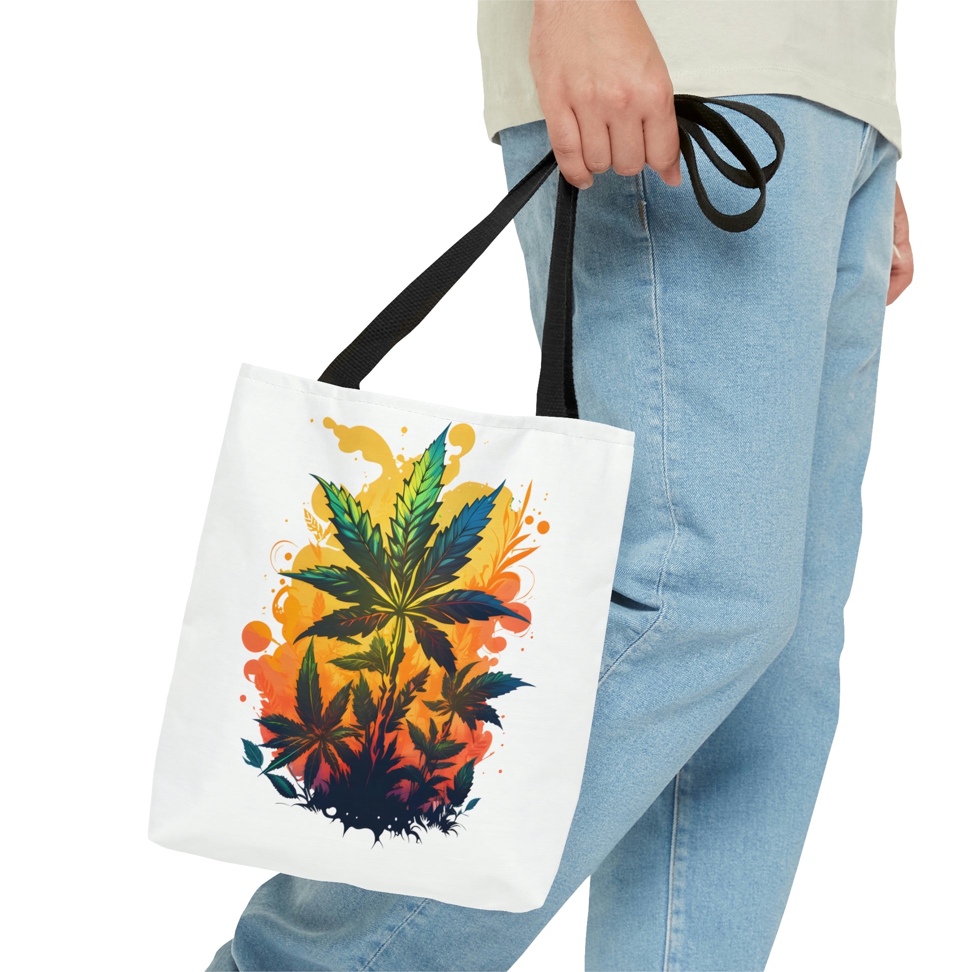 A man in jeans is walking with the Cannabis Warm Paradise Tote Bag
