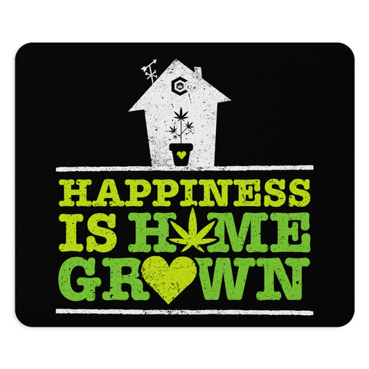 Graphic mouse pad with a stylized house illustration and the phrase "Happiness is Homegrown" in distressed white and green font on a black background, featuring a non-slip rubber base.