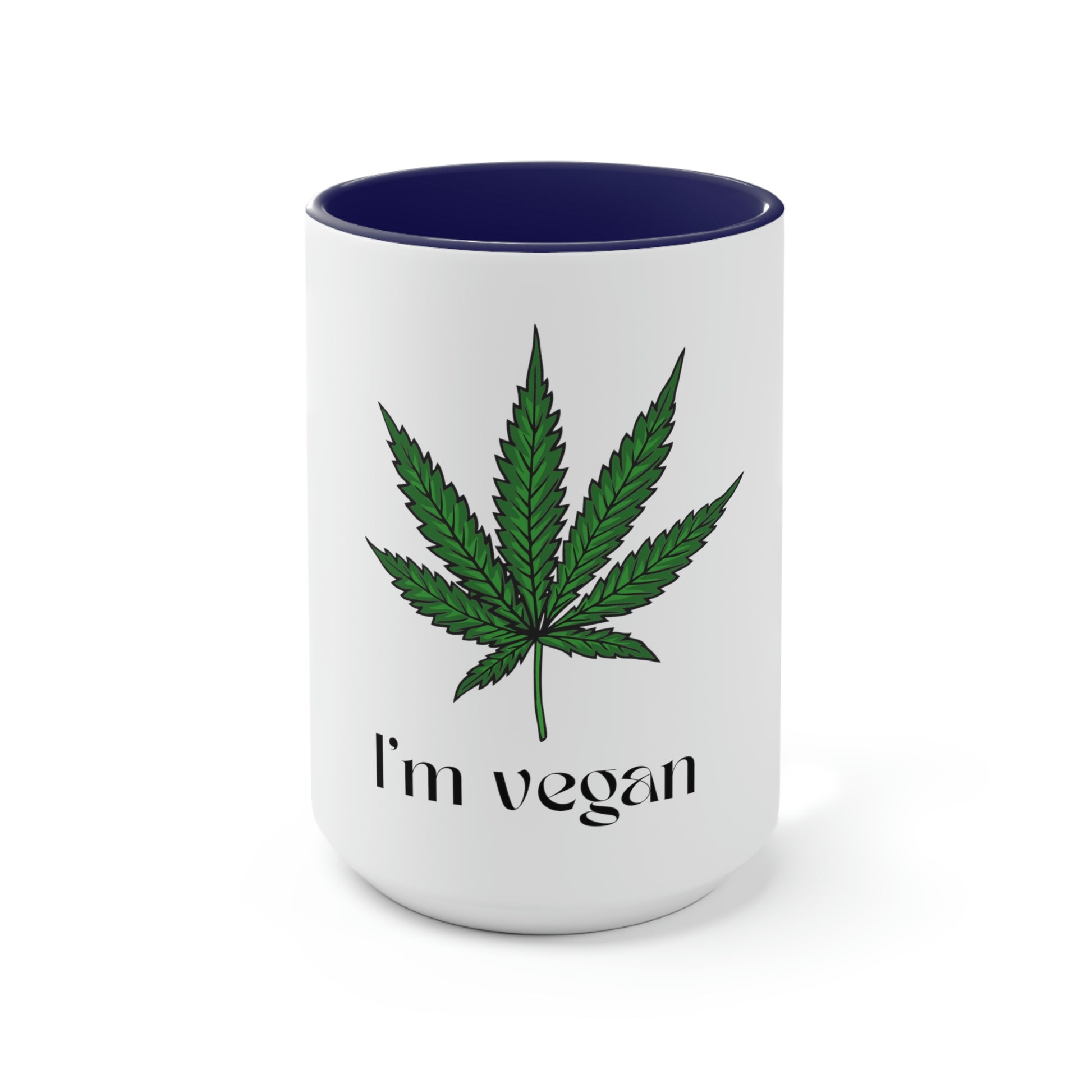 A navy blue "I'm Vegan" Cannabis coffee mug on a white background