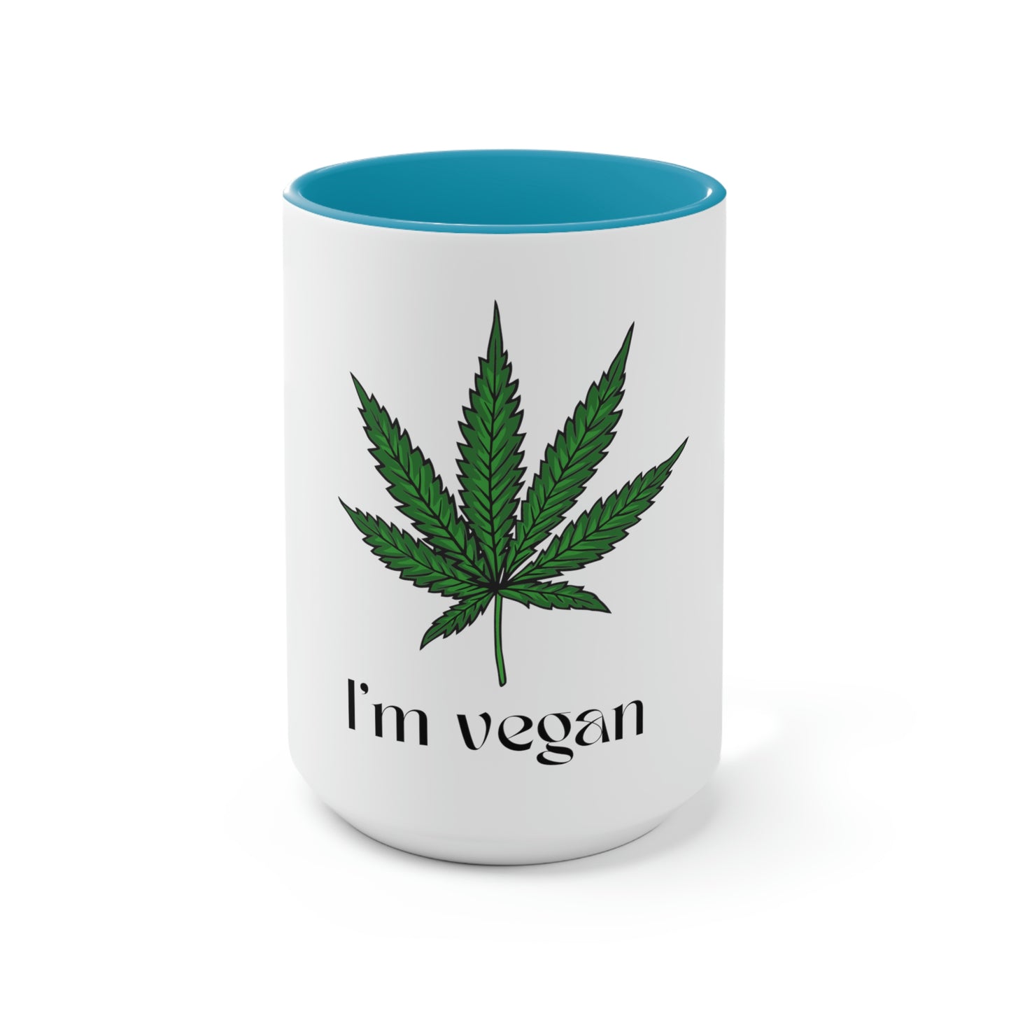 A white and light blue "I'm vegan" cannabis coffee mug on a white background