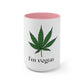 A white and pink "I'm Vegan" cannabis coffee mug on a white background