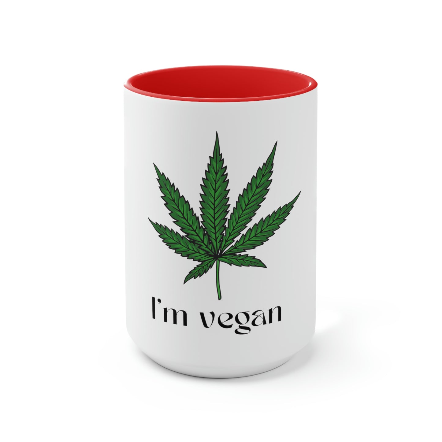 A white and red "I'm vegan" cannabis coffee mug