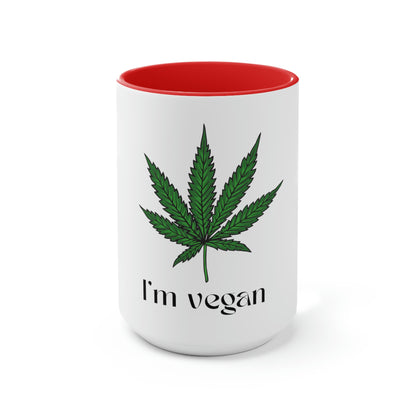 A white and red "I'm vegan" cannabis coffee mug