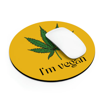 The round I'm Vegan Cannabis Mouse Pad is being paired with a white wireless mouse for a cool photo to show the personal look.