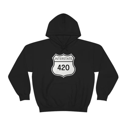 Interstate 420 Stoner Hoodie features a design similar to a highway sign, perfect for the Cannabis Cruiser.