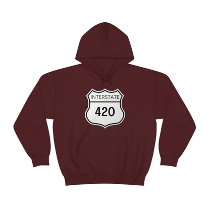 A maroon "Interstate 420 Stoner Hoodie" showcasing a striking road sign design on the front.