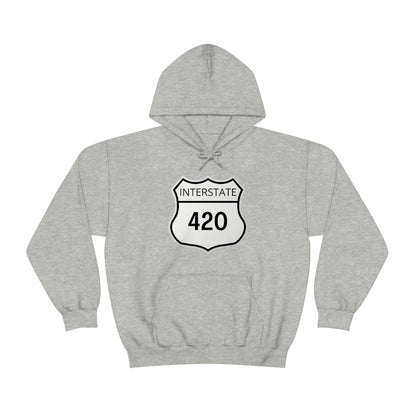 Interstate 420 Stoner Hoodie in gray, showcasing a black and white "Cannabis Highway" sign with an "Interstate 420" label on the front.