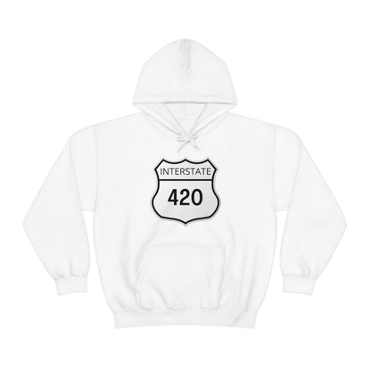 White hoodie with a striking black and white Interstate 420 sign on the front, perfect for anyone cruising down the Cannabis Highway.