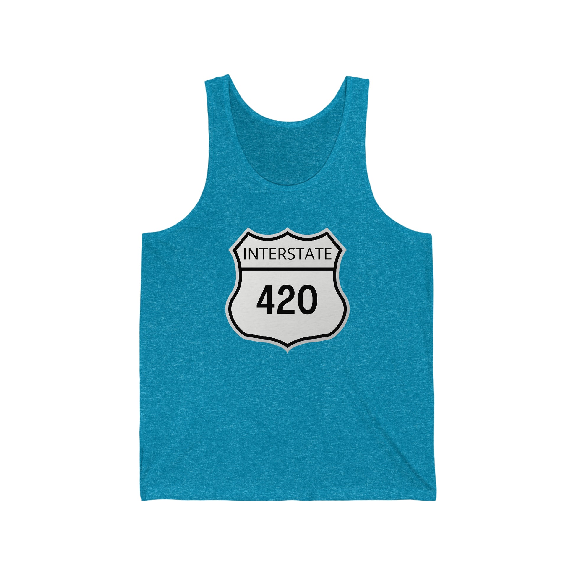 an aqua blue interstate 420 jersey weed tank