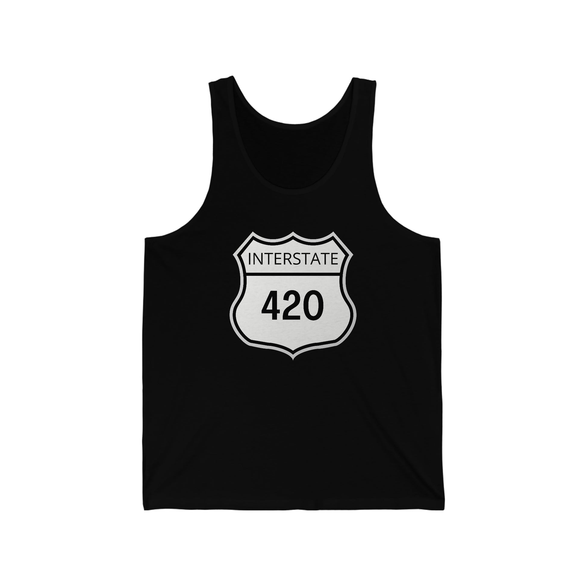 a black Interstate 420 Weed Jersey Tank Top with the word 420 on it.