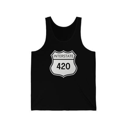 a black Interstate 420 Weed Jersey Tank Top with the word 420 on it.