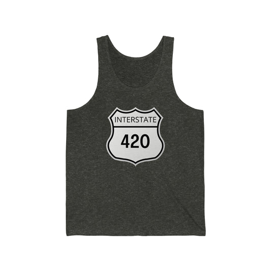 an Interstate 420 Weed Jersey Tank Top with the word 420 on it.