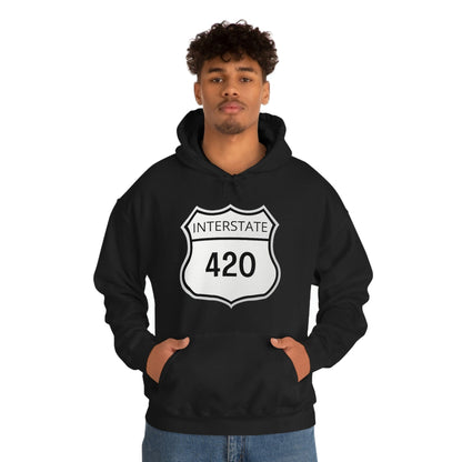 A person is wearing the Interstate 420 Stoner Hoodie in black, ideal for the ultimate Cannabis Cruiser.