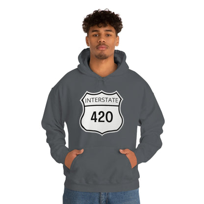 A person is wearing the Interstate 420 Stoner Hoodie, featuring a design that captures the essence of the Cannabis Highway.