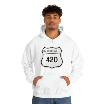 An individual is wearing an Interstate 420 Stoner Hoodie