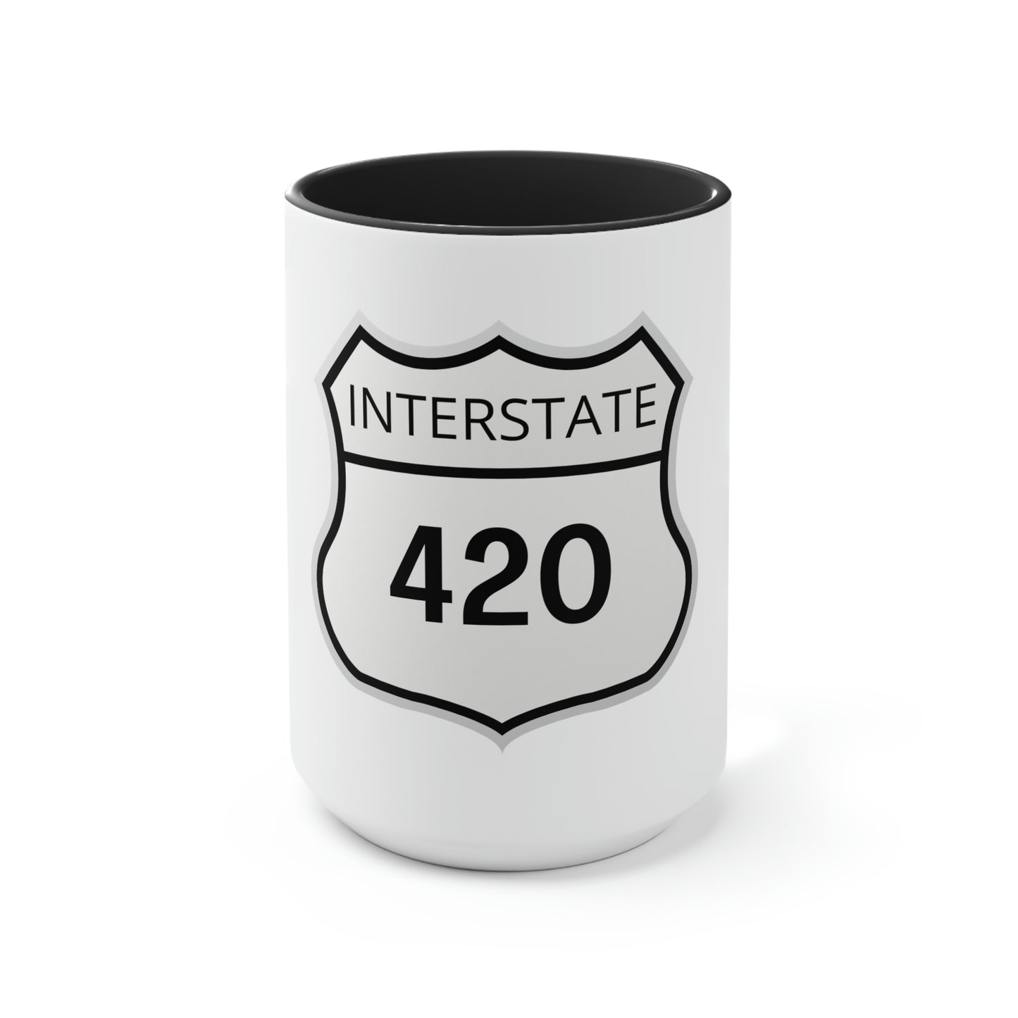 Interstate 420 Two-Tone black and white Coffee Mug - Highway sign-inspired design for cannabis enthusiasts.