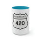 Interstate 420 Two-Tone blue and white Coffee Mug with a 420 Highway sign-inspired design.