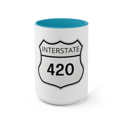 Interstate 420 Two-Tone blue and white Coffee Mug with a 420 Highway sign-inspired design.