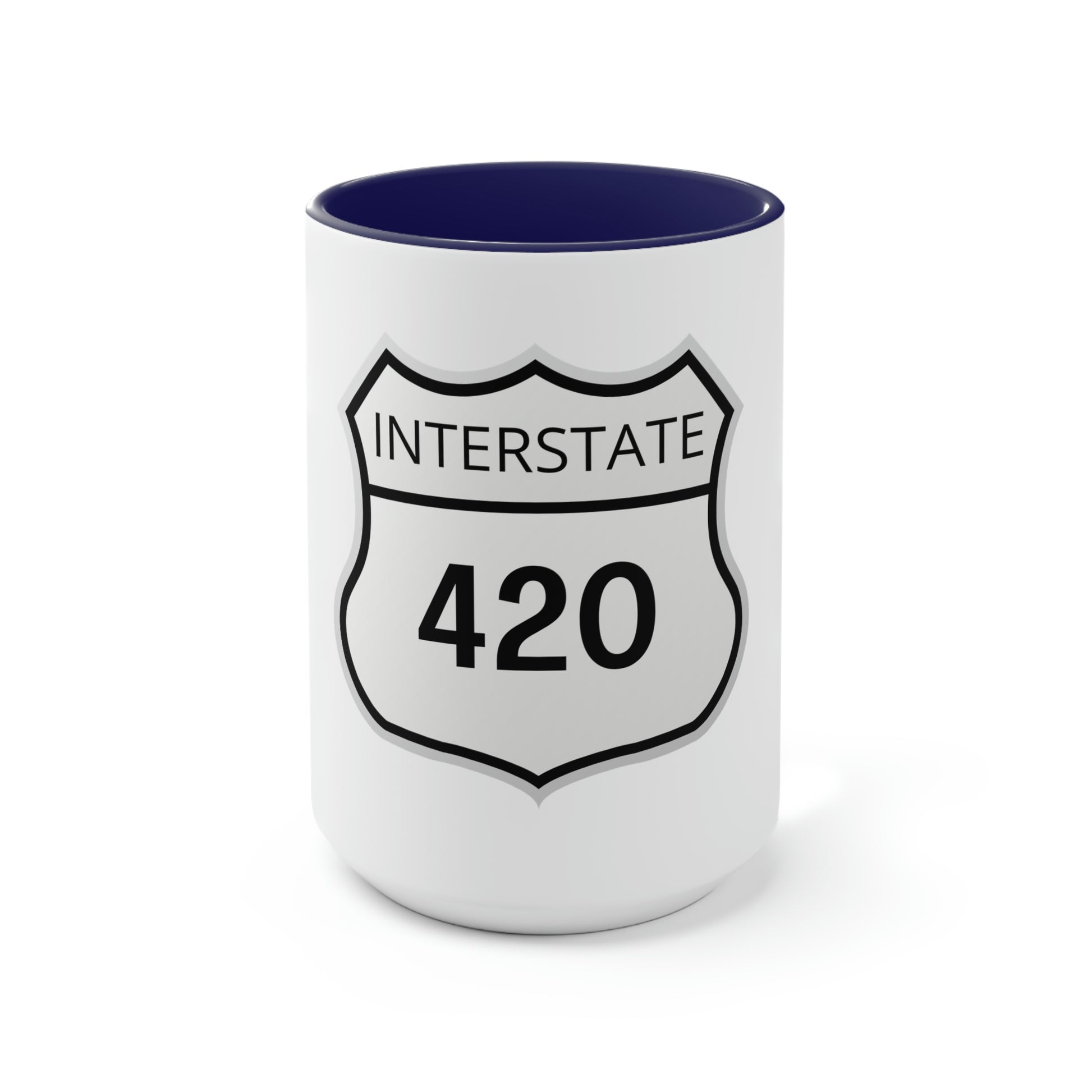Interstate 420 Two-Tone navy blue and white Coffee Mug with a 420 Highway sign-inspired design.