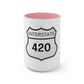Interstate 420 Two-Tone pink and white Coffee Mug with a 420 Highway sign-inspired design.