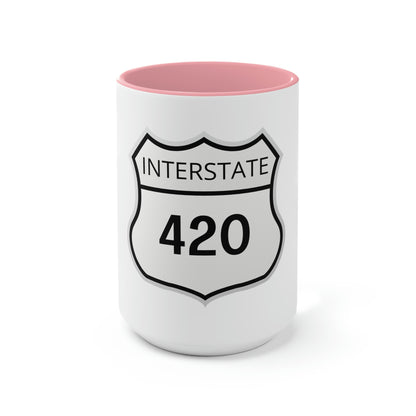 Interstate 420 Two-Tone pink and white Coffee Mug with a 420 Highway sign-inspired design.