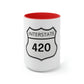 Interstate 420 Two-Tone red and white Coffee Mug with a 420 Highway sign-inspired design.