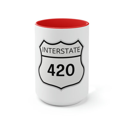 Interstate 420 Two-Tone red and white Coffee Mug with a 420 Highway sign-inspired design.