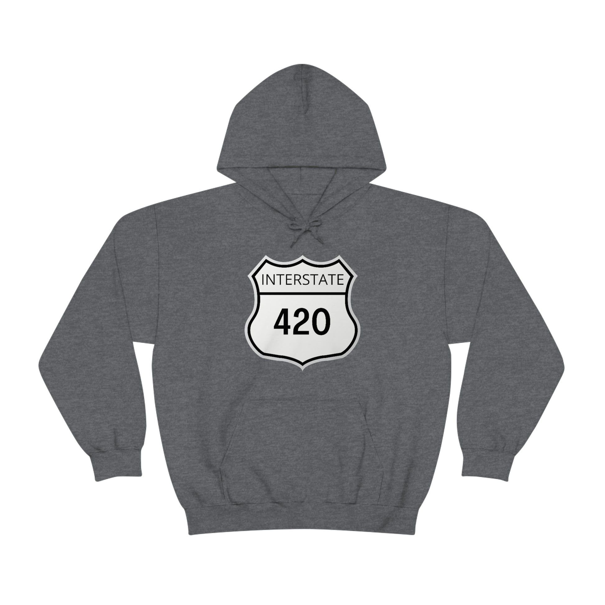 A charcoal gray, Interstate 420 weed hoodie