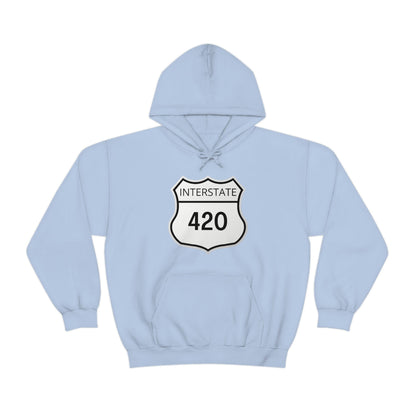 A light blue, Interstate 420 weed hoodie