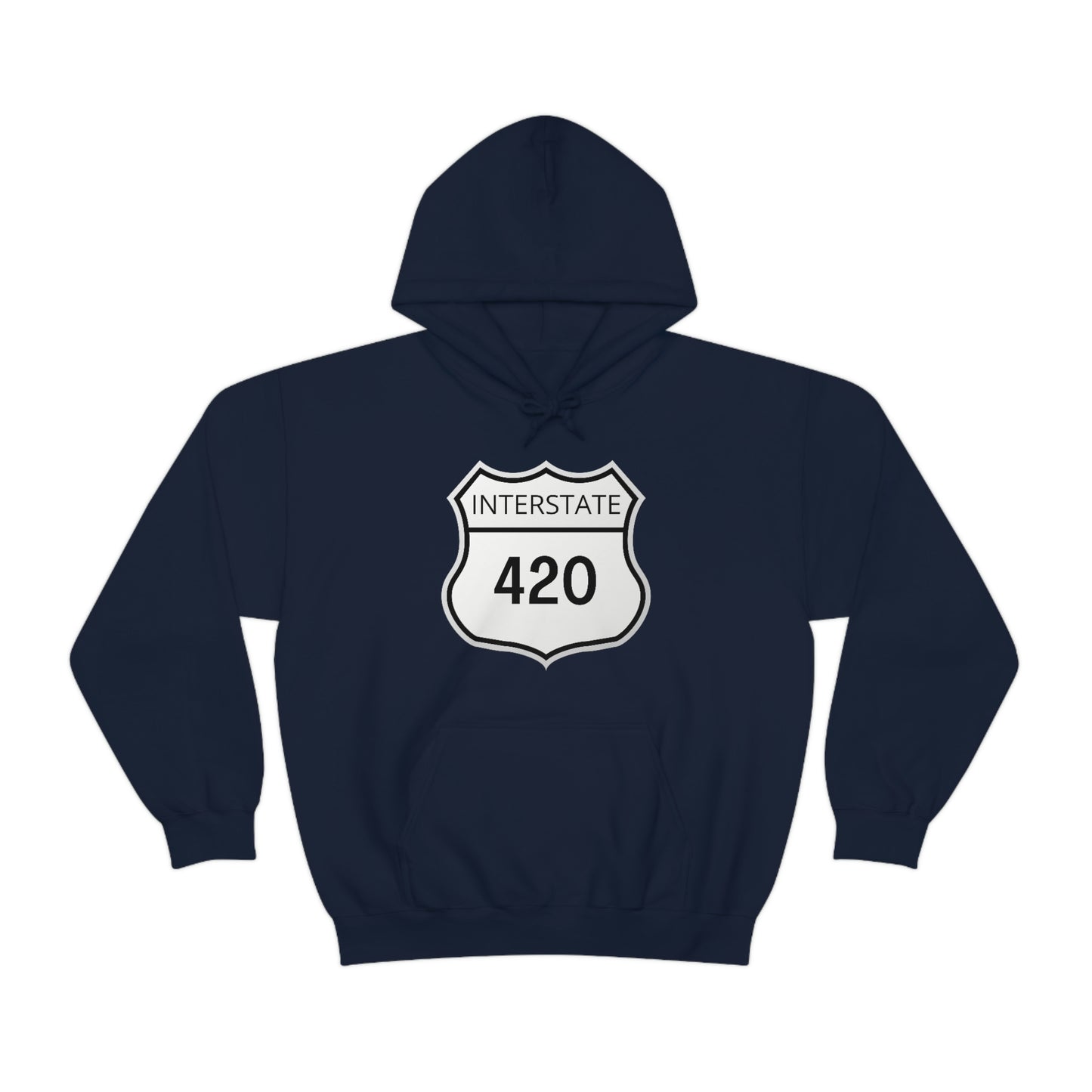 A dark navy blue Interstate 420 weed hoodie 