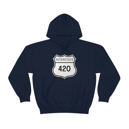 A dark navy blue Interstate 420 weed hoodie 