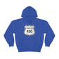 A royal blue Interstate 420 weed hoodie