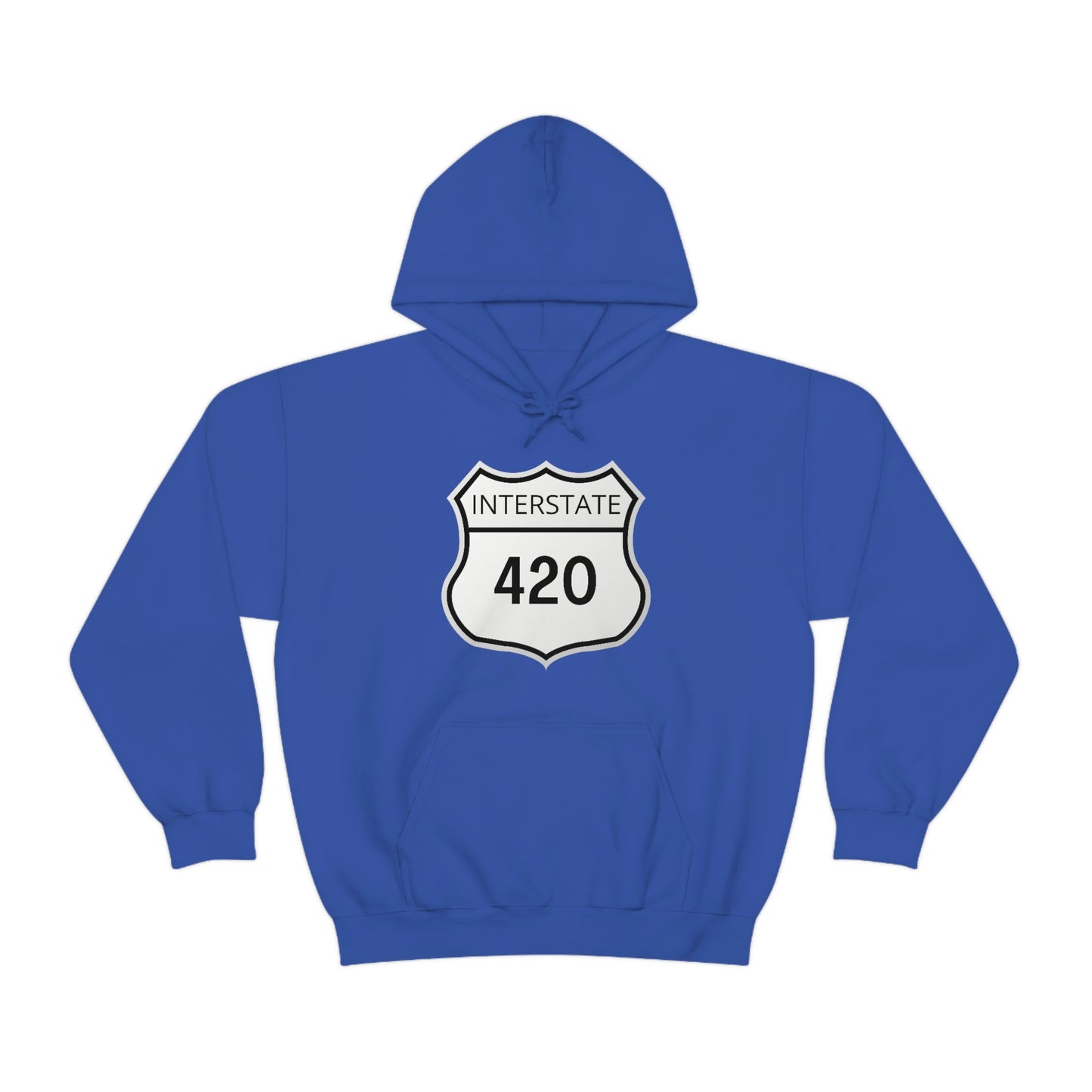 A royal blue Interstate 420 weed hoodie