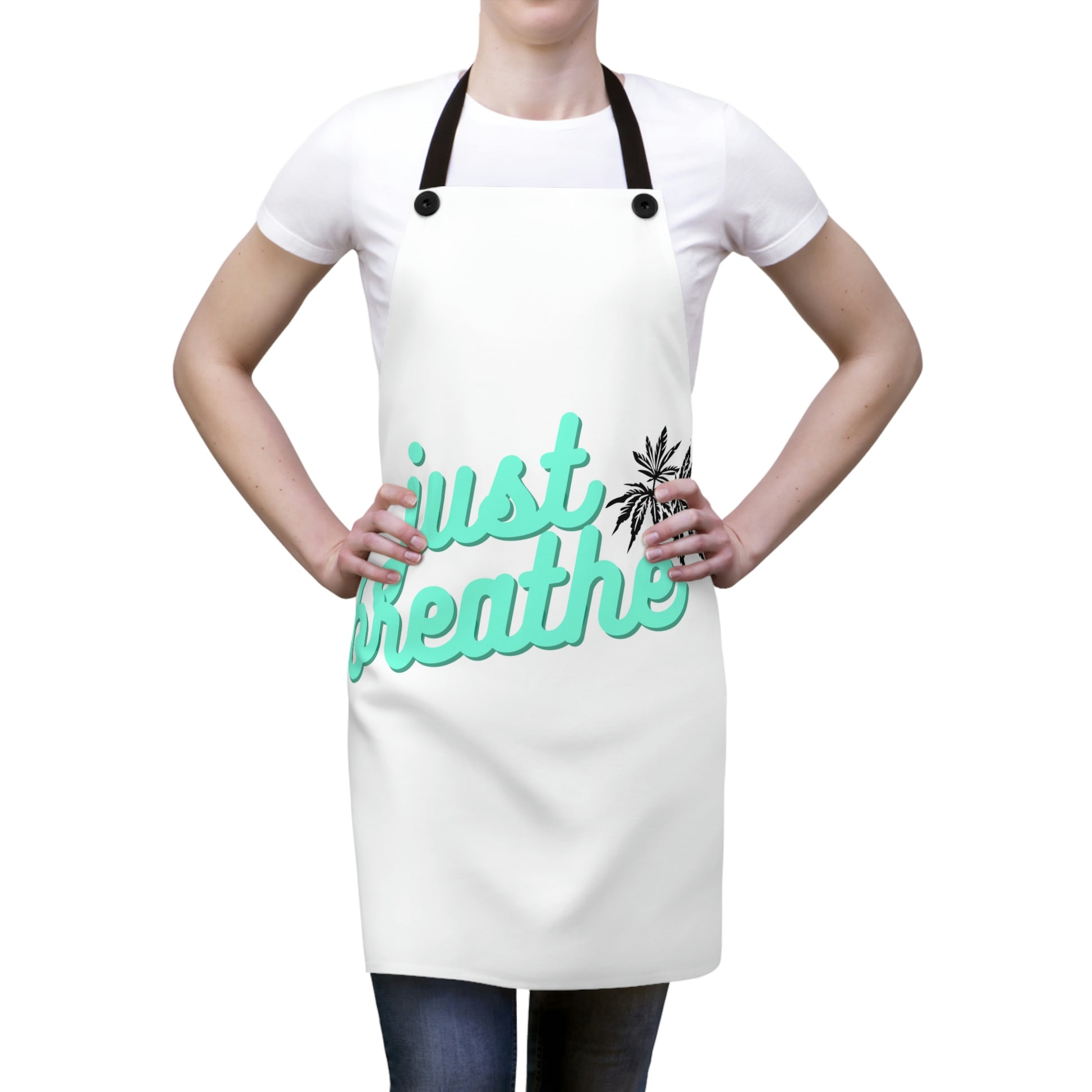 Here is a photo of a woman wearing the Just Breathe Weed Apron with black straps