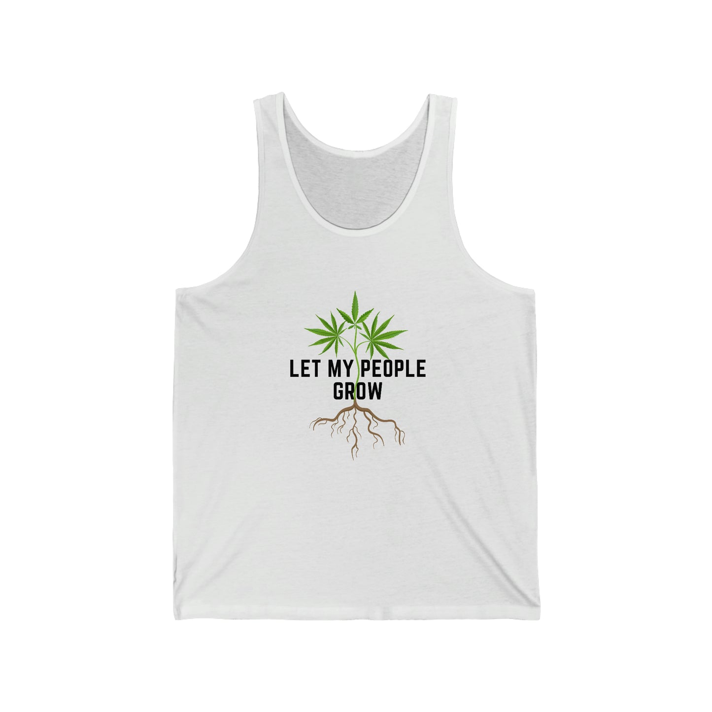 a white Let my people grow marijuana Jersey tank top.