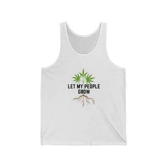 a white Let my people grow marijuana Jersey tank top.
