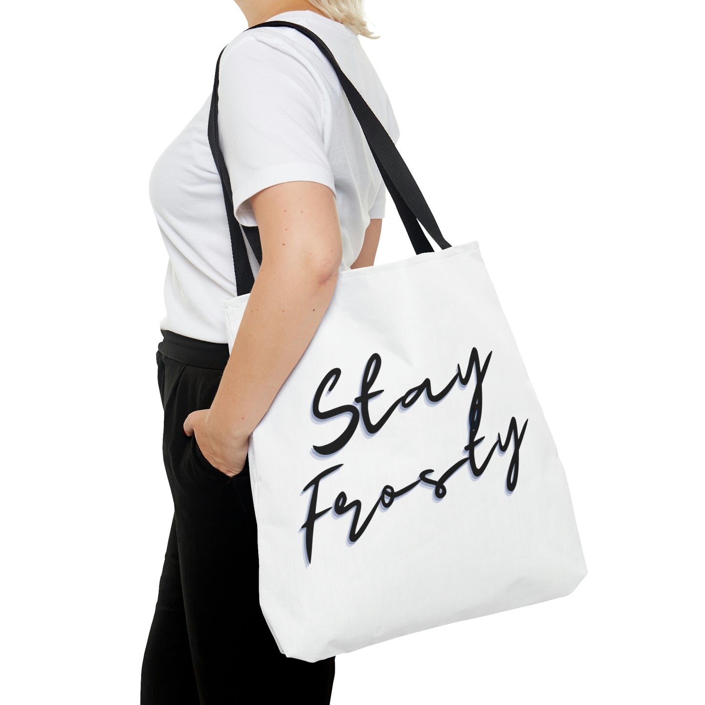 A woman is looking so cool wearing the Stay Frosty White Weed Tote Bag