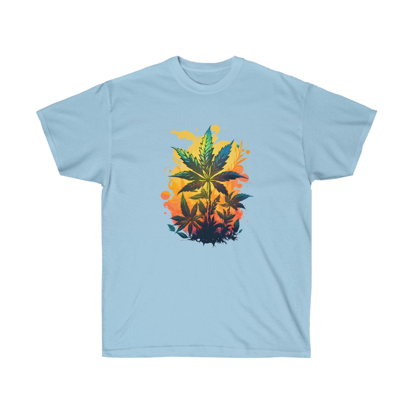 A light blue, warm paradise cannabis t-shirt