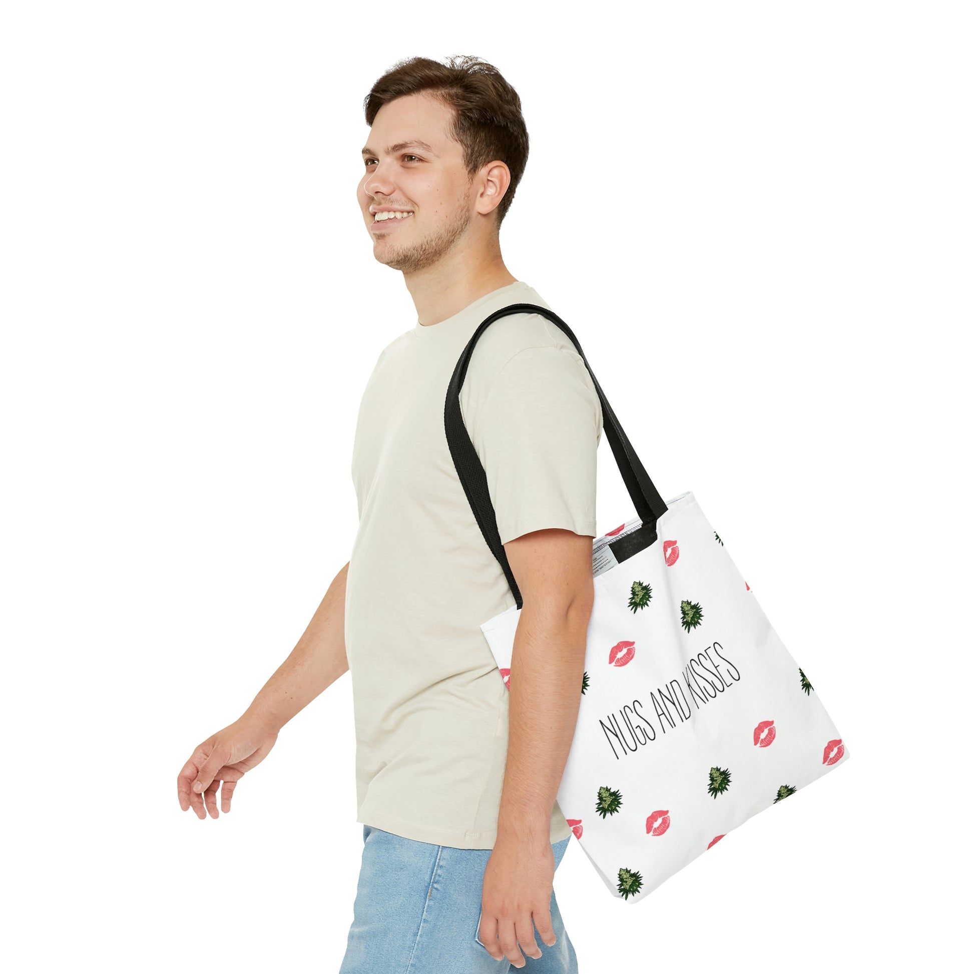 A man is having a wonderful time walking about in the Nugs and Kisses Weed Tote Bag