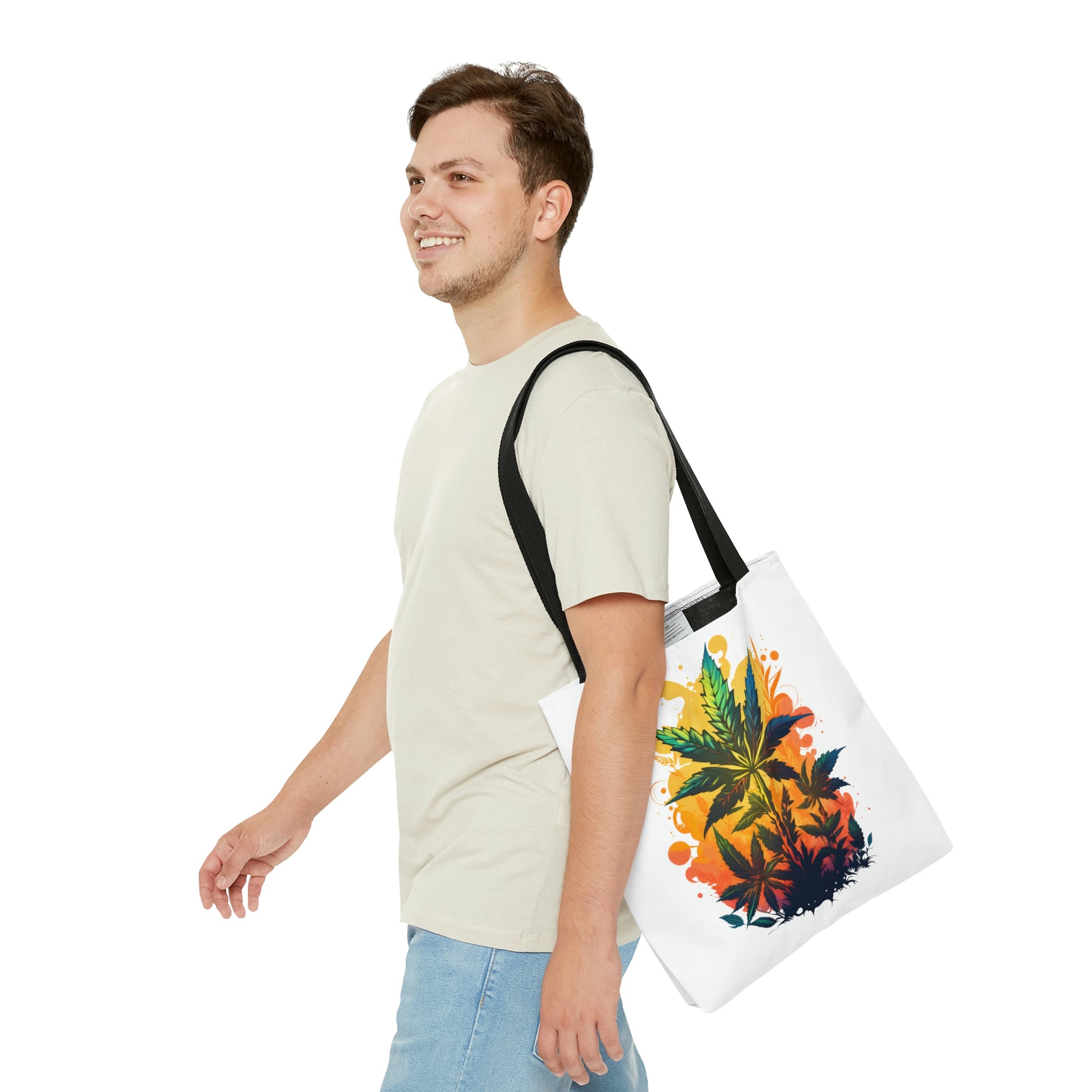 A man in a tan shirt is walking with the Cannabis Warm Paradise Tote Bag while smiling