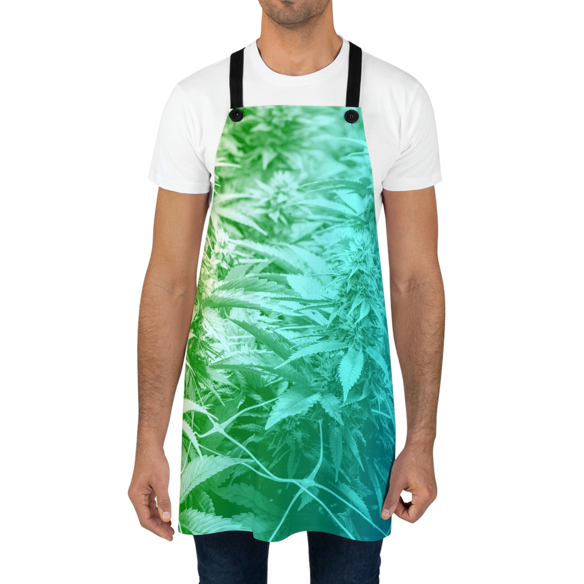A man with a bear stands straight, wearing a Marijuana Branded Leaf Chef Apron