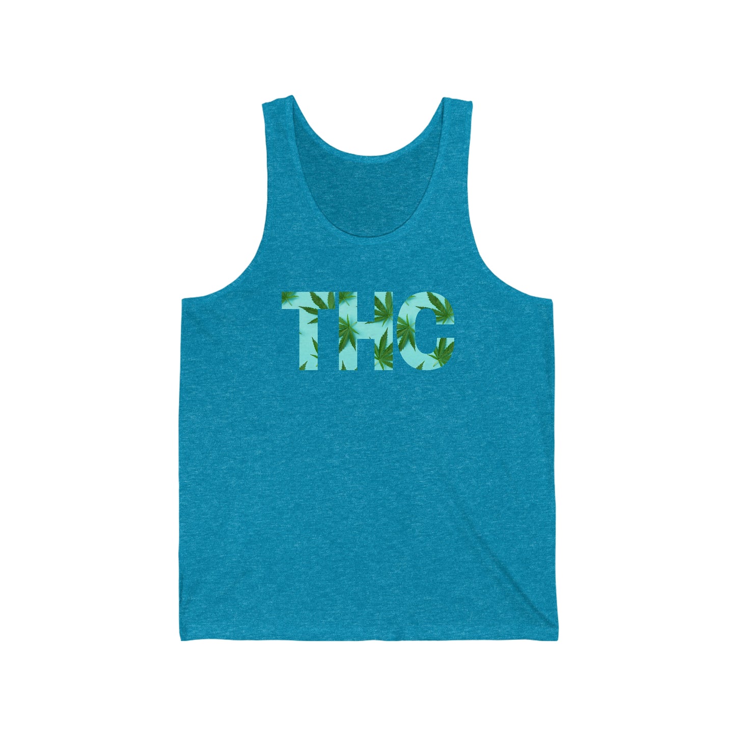 a Turquoise blue THC Marijuana Jersey Tank with the word thc on it.