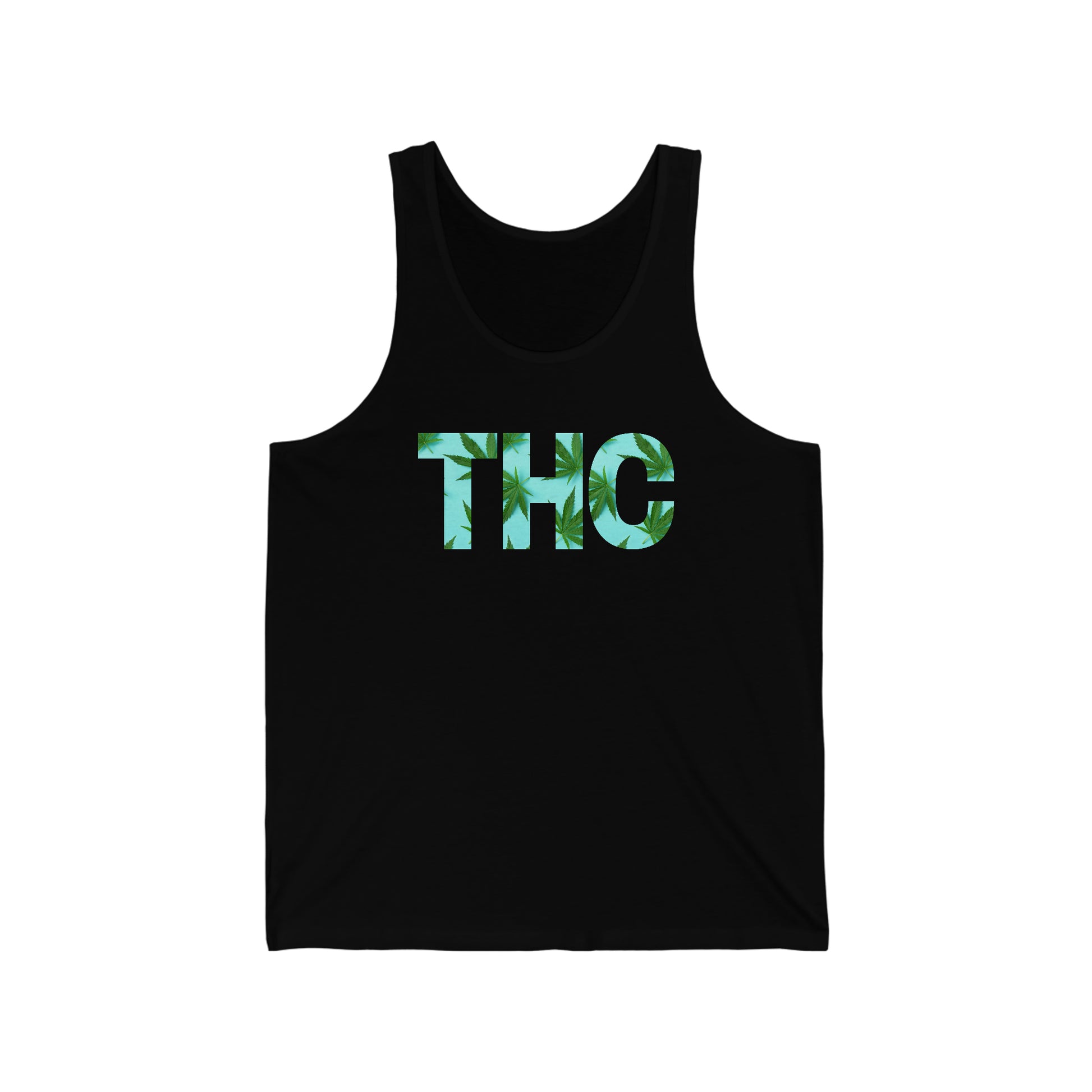 a black THC Marijuana Jersey Tank with the word thc on it.