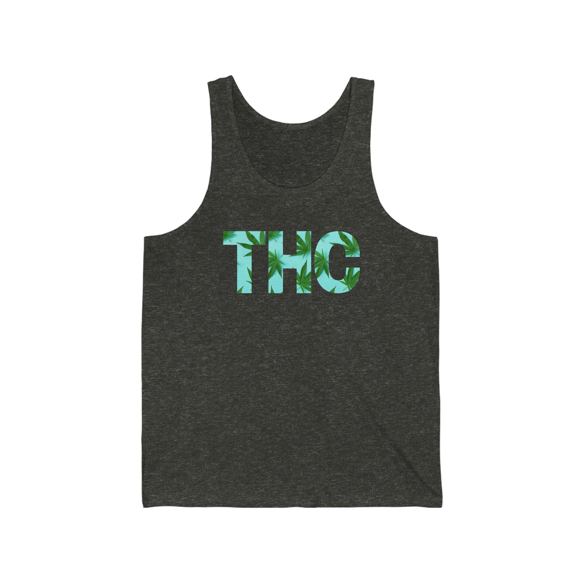 a charcoal black THC Marijuana Jersey Tank with the word thc on it.