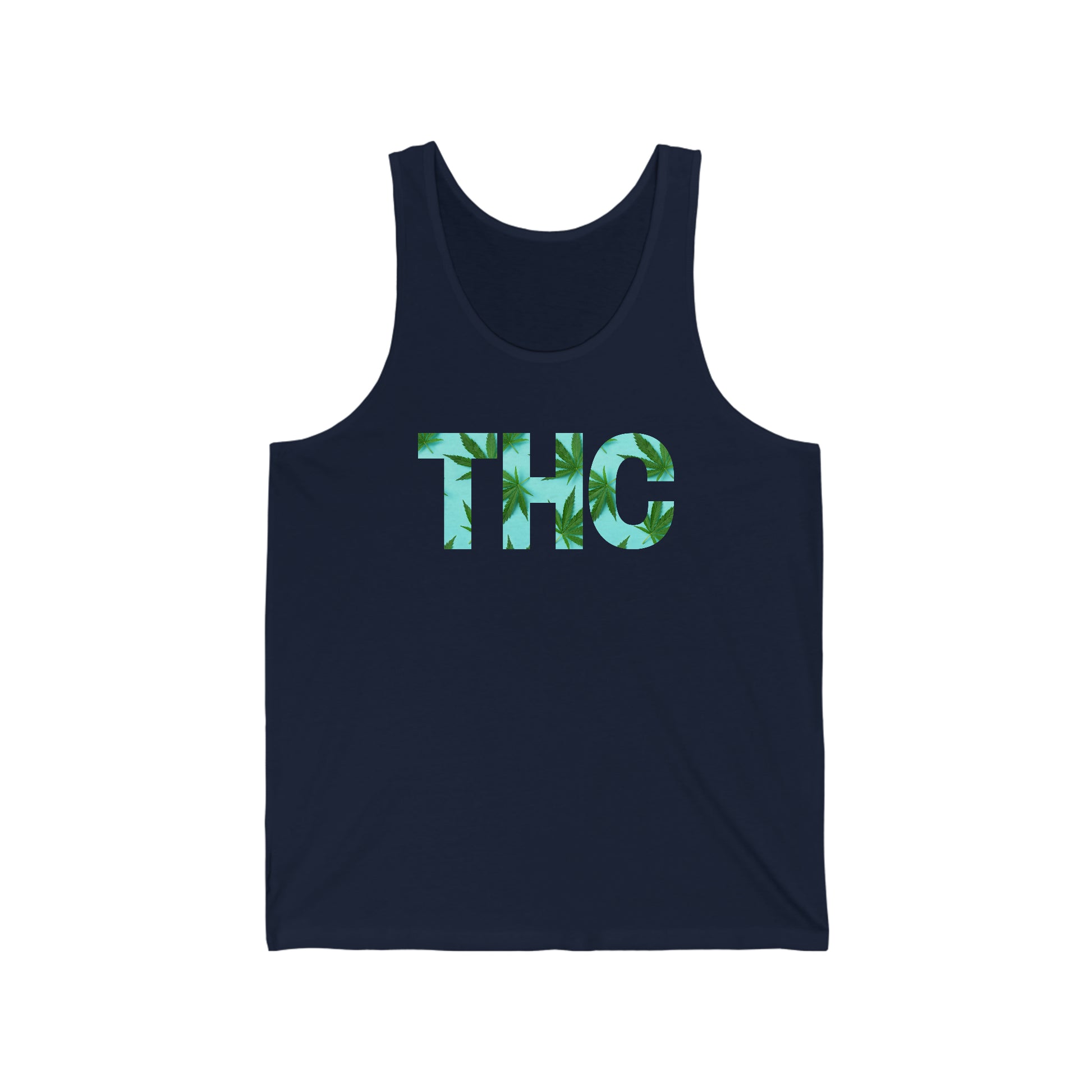 a Turquoise THC Marijuana Jersey Tank with the word thc on it.